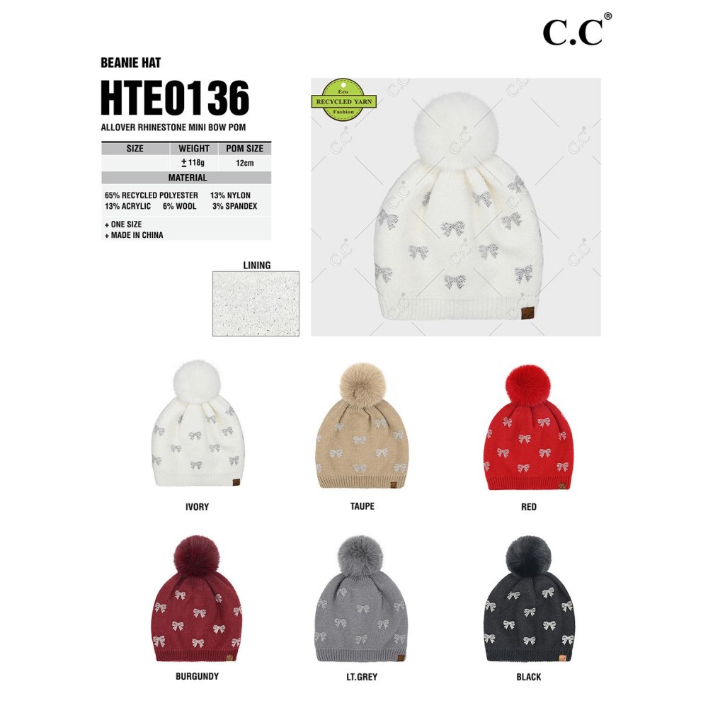 C.C HTE0136 Allover Rhinestone Mini Bow Pom Beanie - One Size Fits Most - Lined Inside - 65% Recycled Polyester / 13% Nylon / 13% Acrylic / 6% Wool / 3% Spandex - 100% Faux Fur Pom view 4