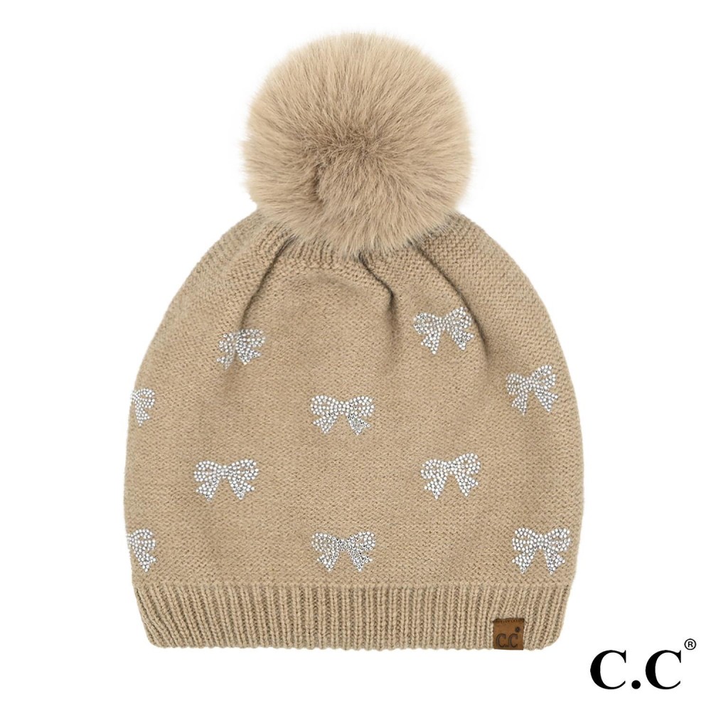 C.C HTE0136 Allover Rhinestone Mini Bow Pom Beanie - One Size Fits Most - Lined Inside - 65% Recycled Polyester / 13% Nylon / 13% Acrylic / 6% Wool / 3% Spandex - 100% Faux Fur Pom view 2