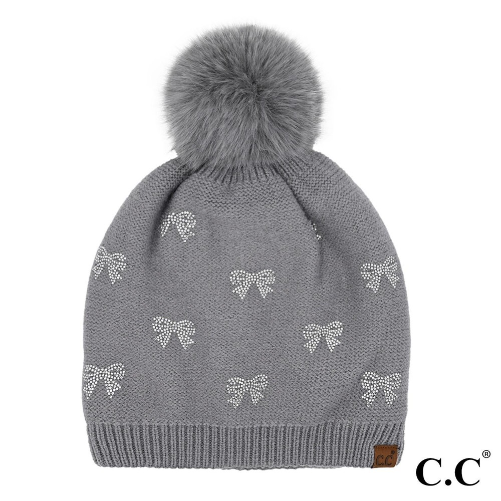 C.C HTE0136 Allover Rhinestone Mini Bow Pom Beanie - One Size Fits Most - Lined Inside - 65% Recycled Polyester / 13% Nylon / 13% Acrylic / 6% Wool / 3% Spandex - 100% Faux Fur Pom view 2