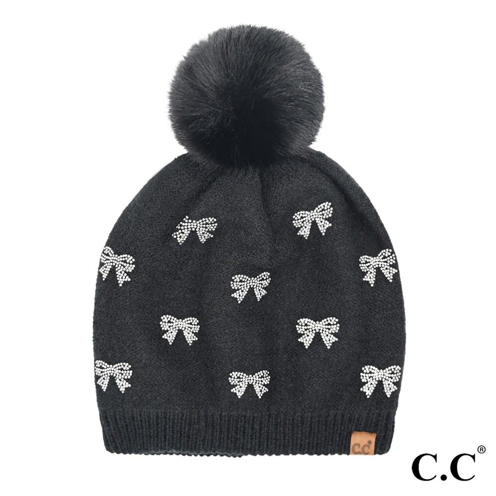C.C HTE0136 Allover Rhinestone Mini Bow Pom Beanie - One Size Fits Most - Lined Inside - 65% Recycled Polyester / 13% Nylon / 13% Acrylic / 6% Wool / 3% Spandex - 100% Faux Fur Pom view 2