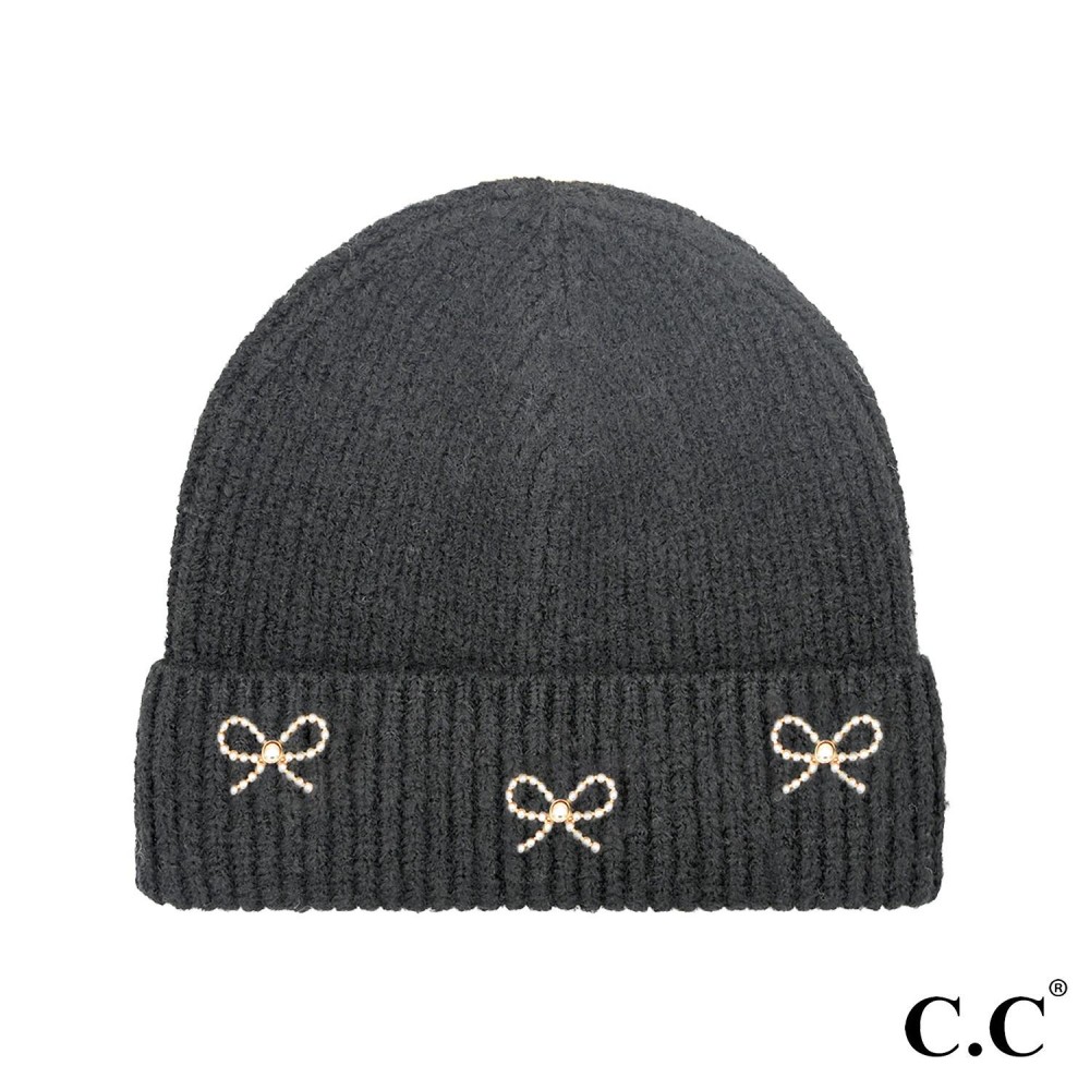 C.C HTE0148 Pearl Bow Charm Cuff Beanie - One Size Fits Most - 65% Recycled Polyester / 13% Nylon / 13% Acrylic / 6% Wool / 3% Spandex view 2