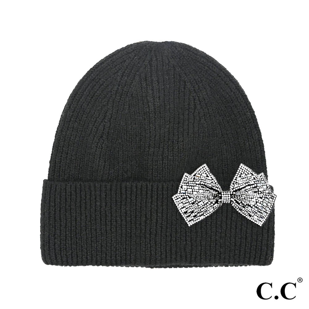 C.C HTE0151 Rhinestone Bow Cuff Beanie - One Size Fits Most - 65% Recycled Polyester / 13% Nylon / 13% Acrylic / 6% Wool / 3% Spandex view 2