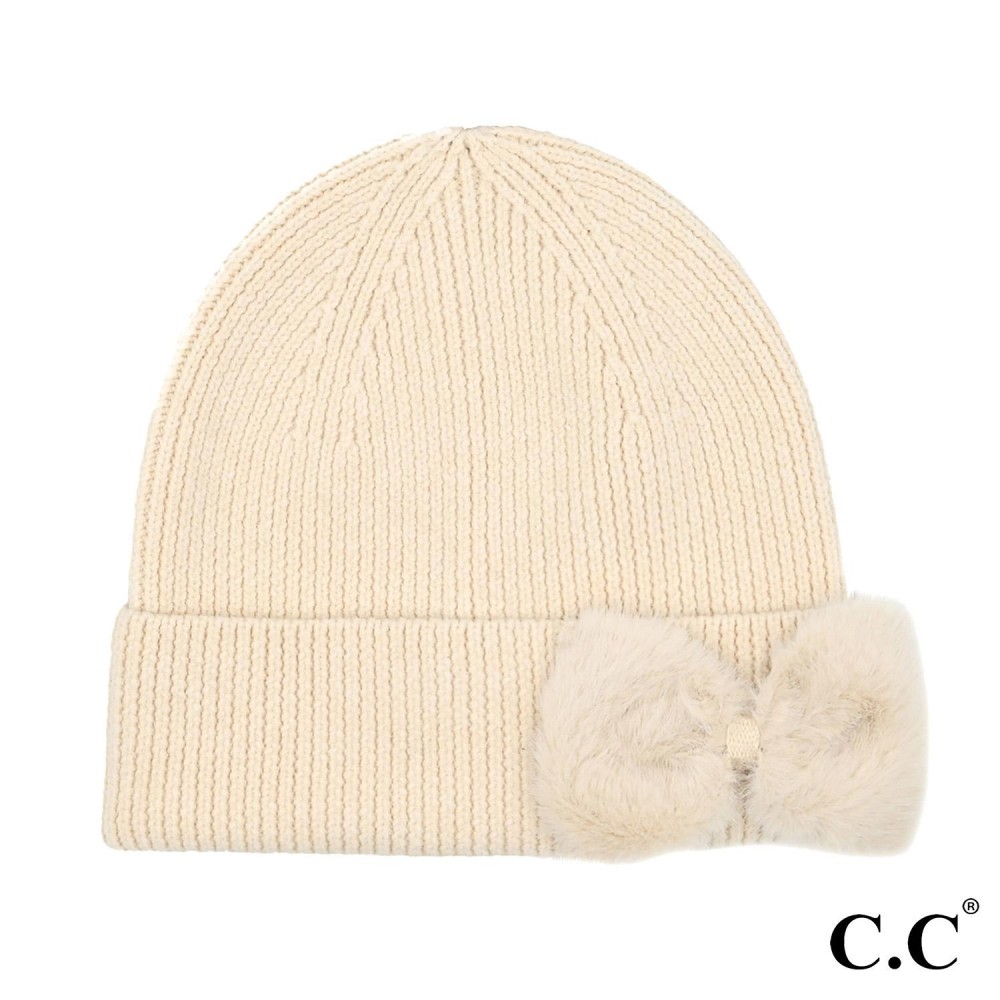 C.C HTE0155 Faux Fur Bow Beanie - 47% Rayon / 31% Polyester / 22% Nylon - One Size Fits Most view 2