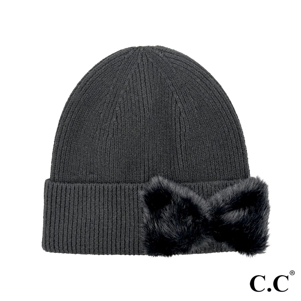C.C HTE0155 Faux Fur Bow Beanie - 47% Rayon / 31% Polyester / 22% Nylon - One Size Fits Most view 2