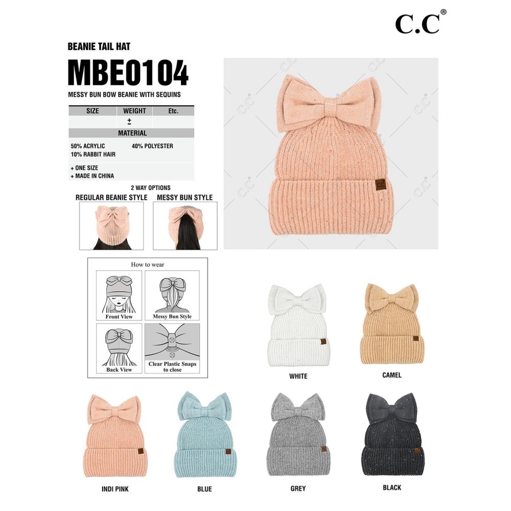 C.C MBE0104 Messy Bun Bow Beanie With Sequins - One Size - 50% Acrylic / 40% Polyester / 10% Rabbit Hair view 4
