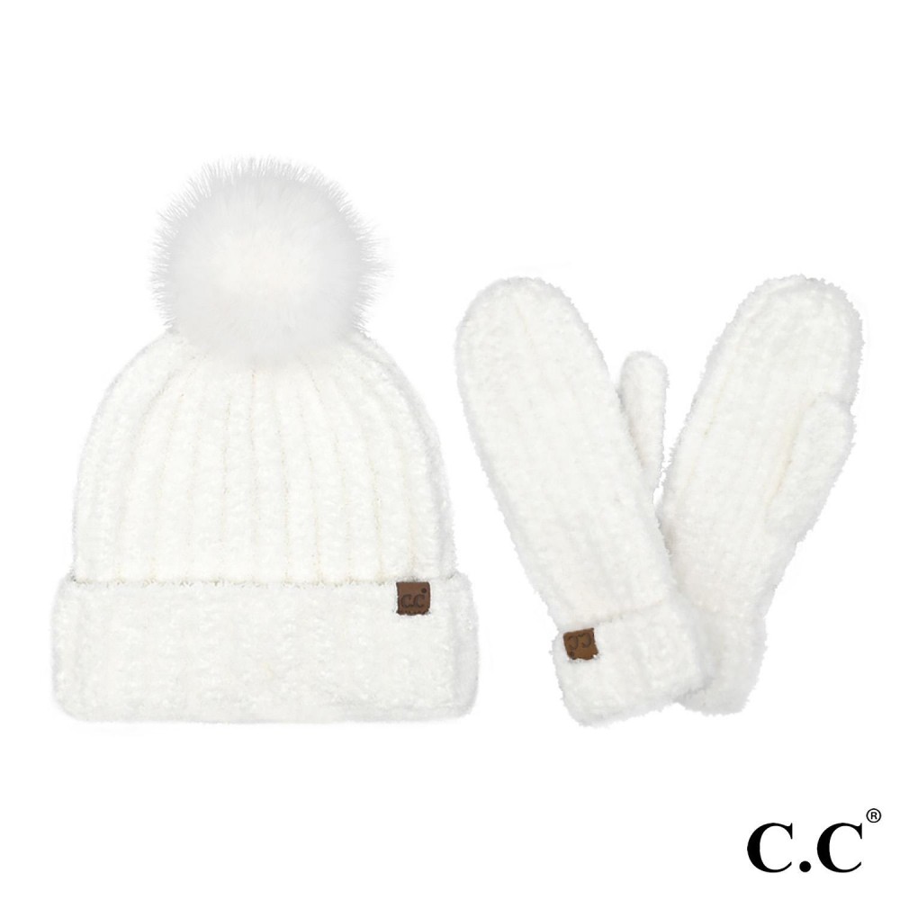 C.C SEE0111 Cozy Yarn Hat & Mitten Set - One Size Fits Most - 100% Polyester - Pom: 100% Faux Fur view 2