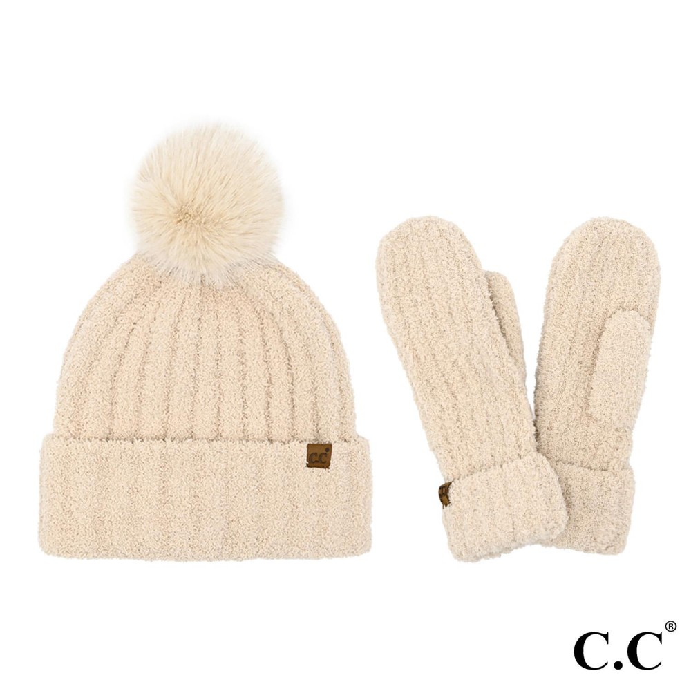 C.C SEE0111 Cozy Yarn Hat & Mitten Set - One Size Fits Most - 100% Polyester - Pom: 100% Faux Fur view 2