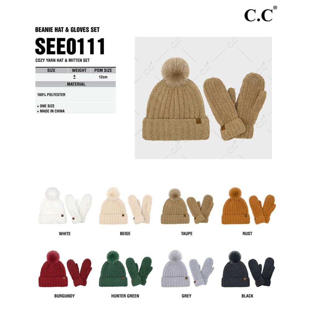 C.C SEE0111 Cozy Yarn Hat & Mitten Set - One Size Fits Most - 100% Polyester - Pom: 100% Faux Fur view 4