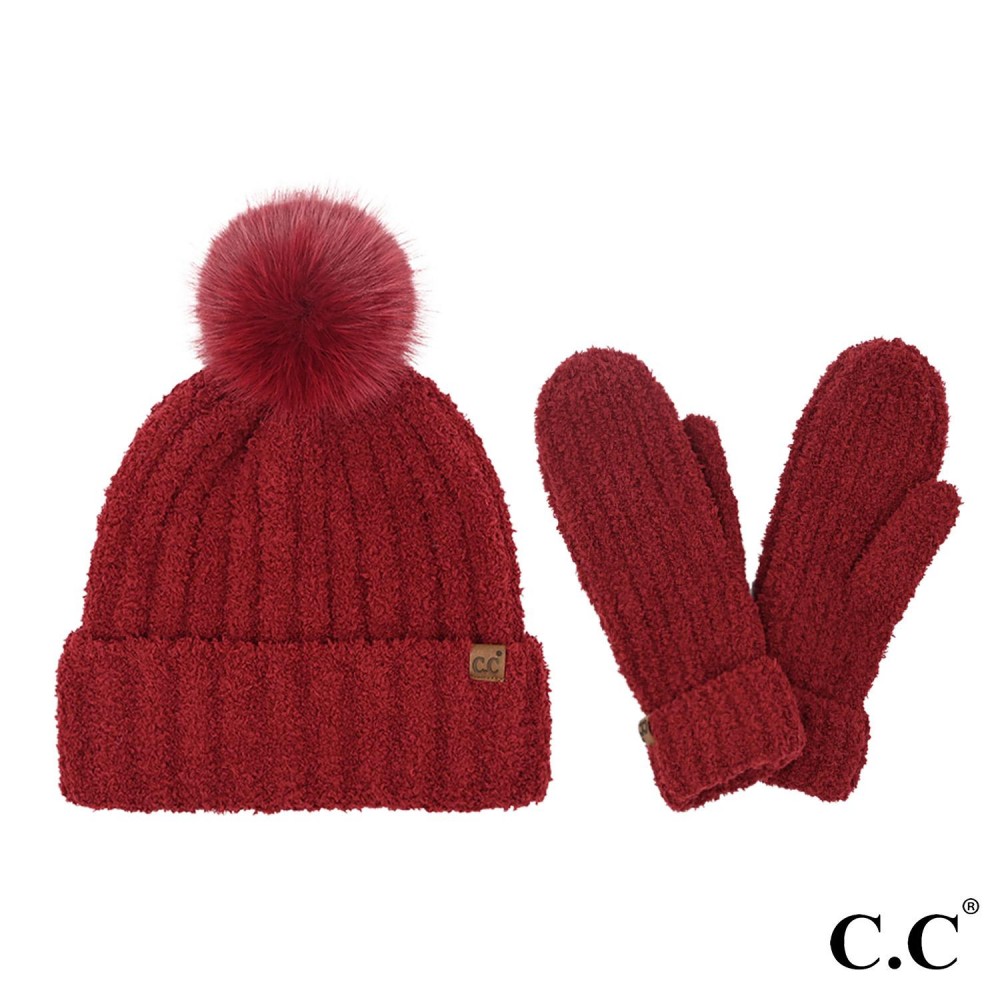 C.C SEE0111 Cozy Yarn Hat & Mitten Set - One Size Fits Most - 100% Polyester - Pom: 100% Faux Fur view 2