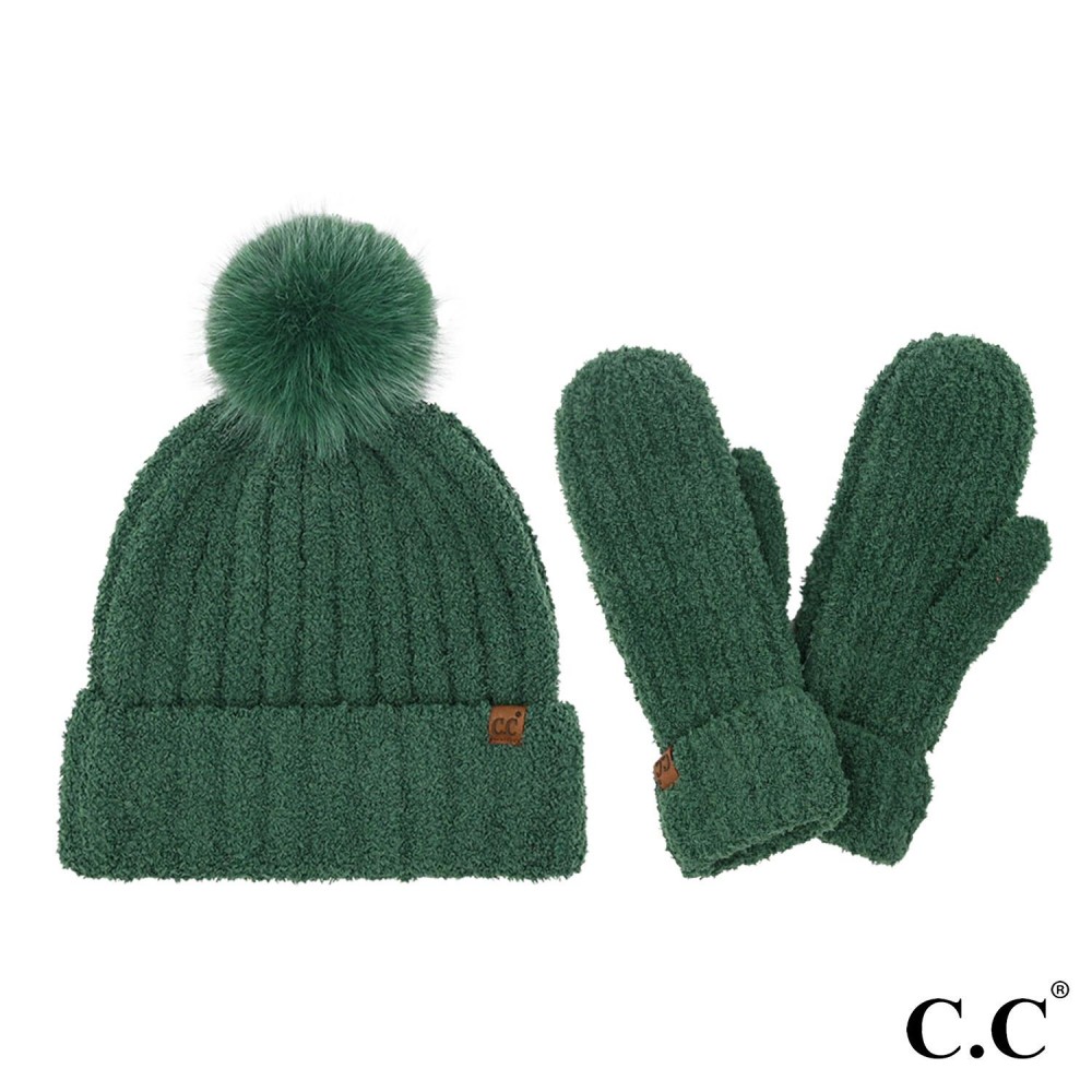 C.C SEE0111 Cozy Yarn Hat & Mitten Set - One Size Fits Most - 100% Polyester - Pom: 100% Faux Fur view 2