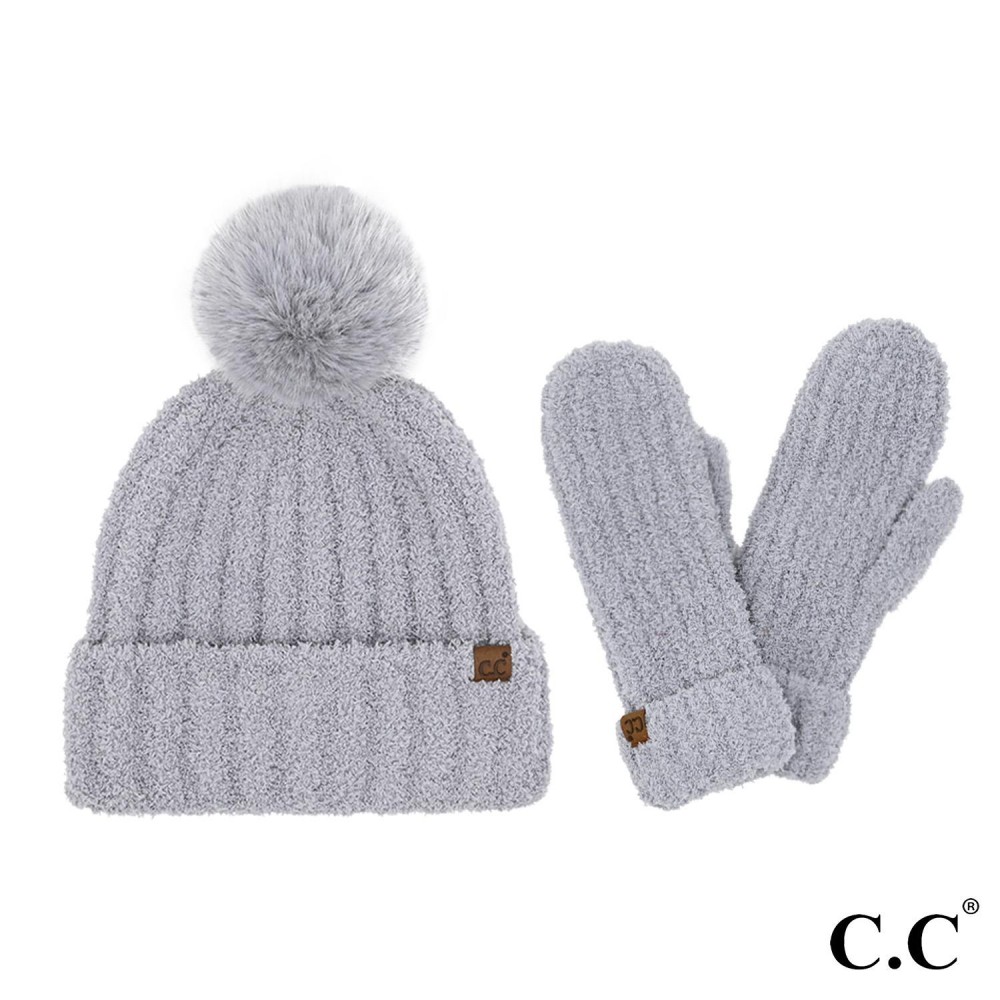 C.C SEE0111 Cozy Yarn Hat & Mitten Set - One Size Fits Most - 100% Polyester - Pom: 100% Faux Fur view 2