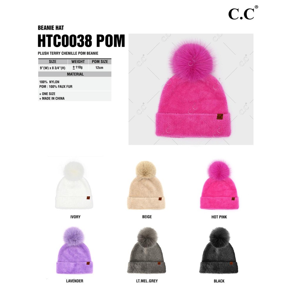 C.C HTC0038 Plush Terry Chenille Pom Beanie - 100% Nylon - One Size Fits Most view 4