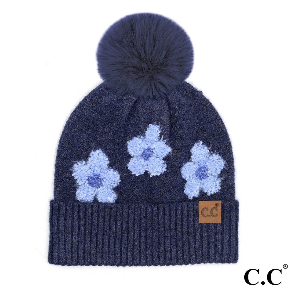 C.C HTC0079 Daisy Pattern Beanie With Pom - 97% Recycled Polyester / 3% Spandex - Pom 100% Faux Fur - One Size Fits Most view 2