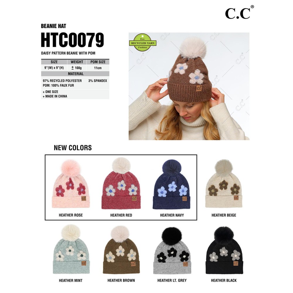 C.C HTC0079 Daisy Pattern Beanie With Pom - 97% Recycled Polyester / 3% Spandex - Pom 100% Faux Fur - One Size Fits Most view 4