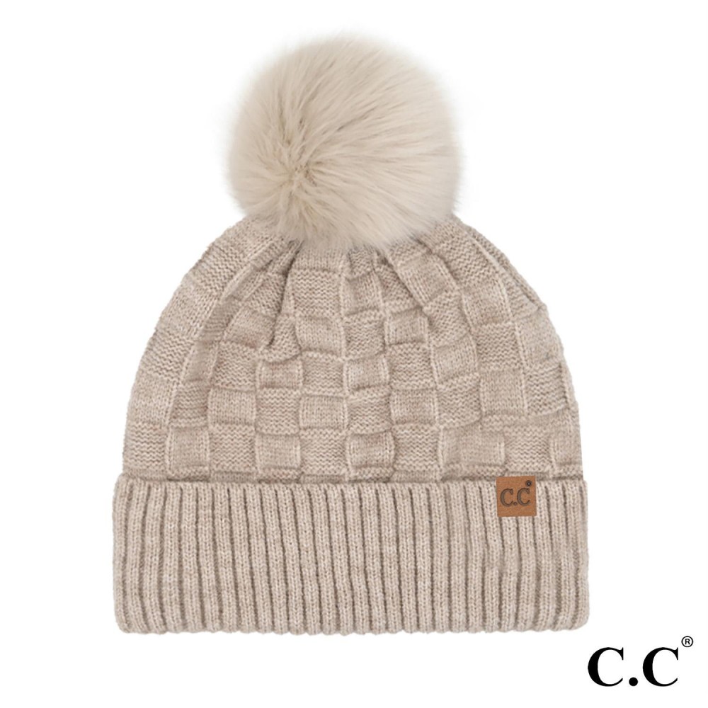 C.C HTC-0094 Weaving Texture Pom Beanie - One Size Fits Most - Beanie: 40% Acrylic / 34% Polyester / 22% Nylon / 1% Spandex - Pom: 100% Faux Fur view 2