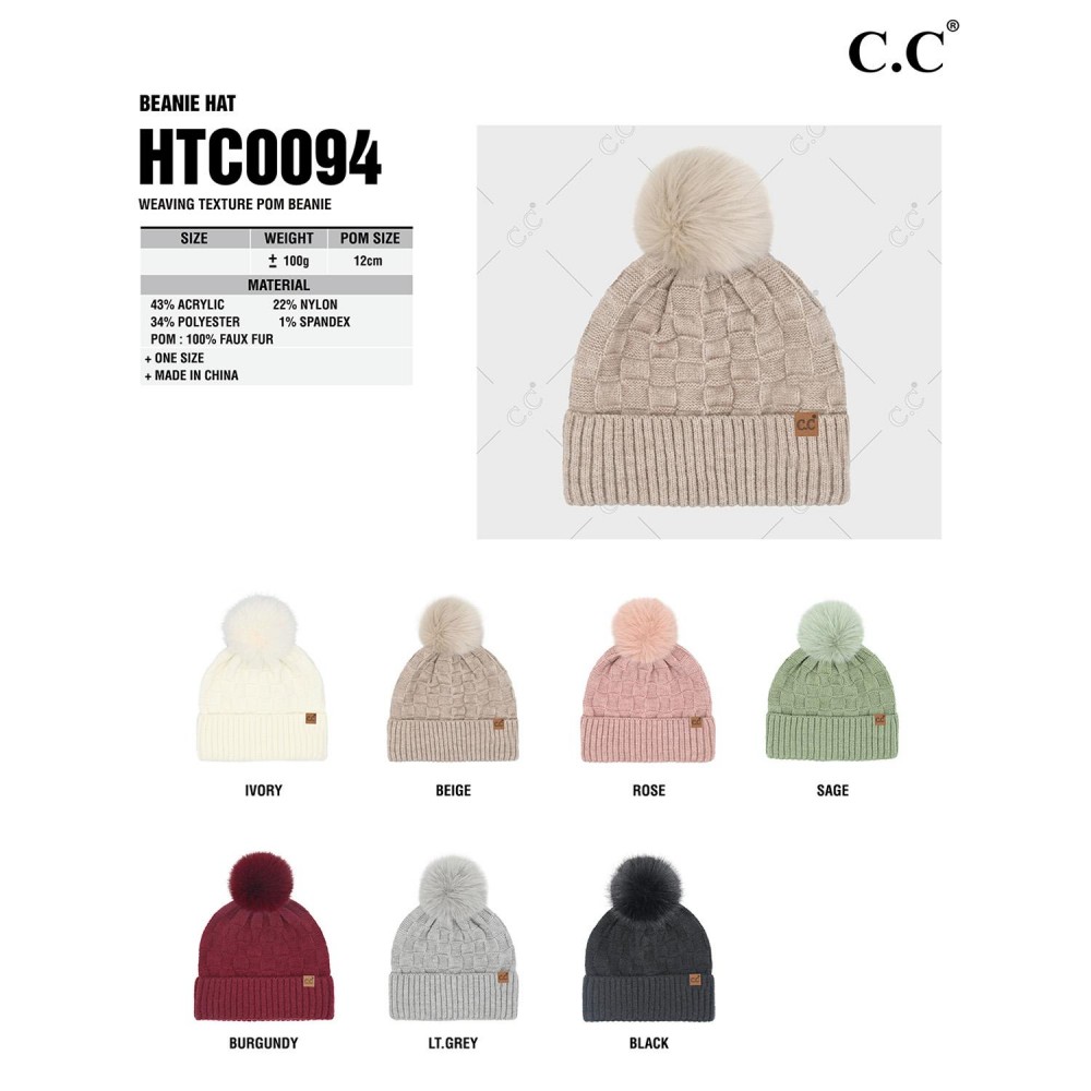 C.C HTC-0094 Weaving Texture Pom Beanie - One Size Fits Most - Beanie: 40% Acrylic / 34% Polyester / 22% Nylon / 1% Spandex - Pom: 100% Faux Fur view 4
