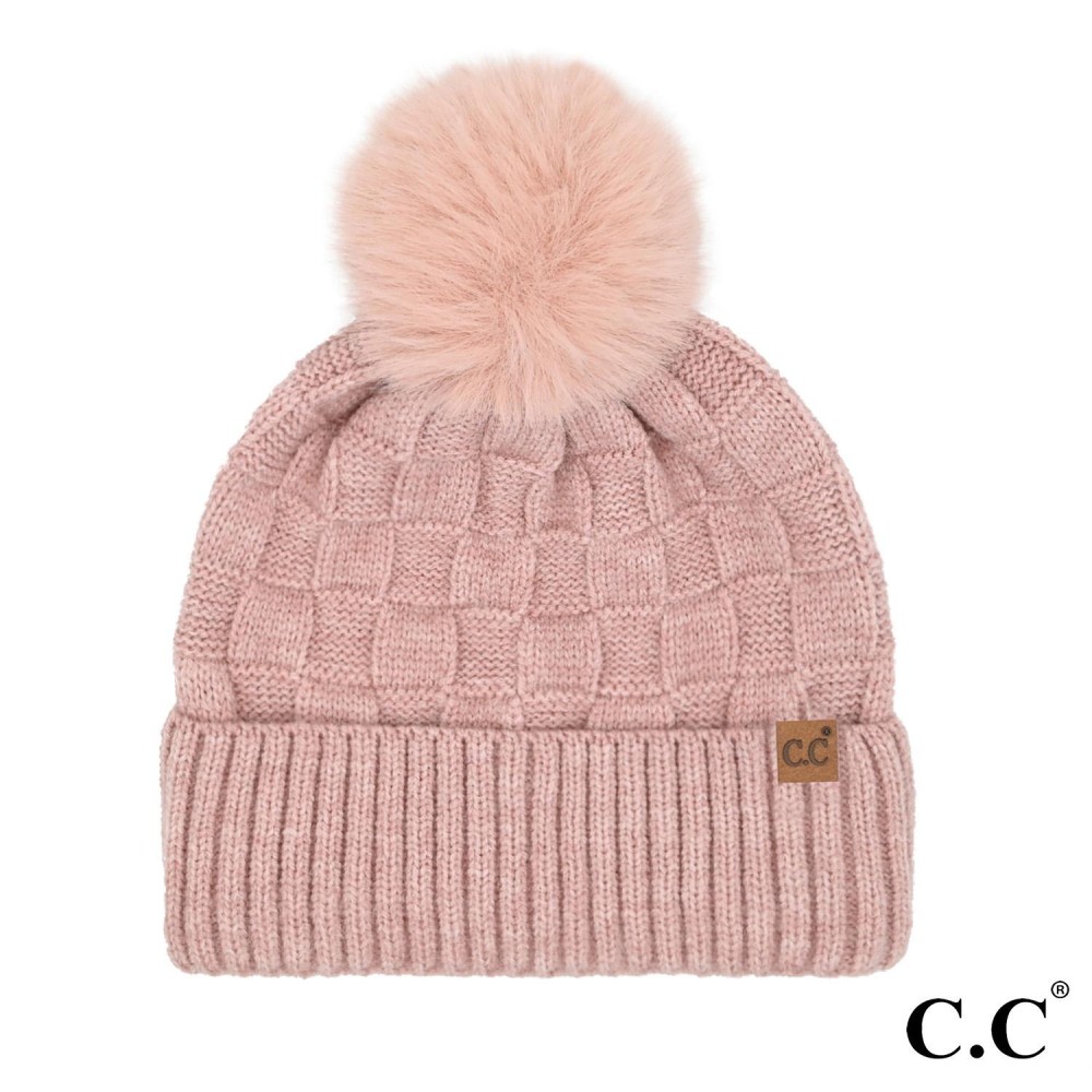 C.C HTC-0094 Weaving Texture Pom Beanie - One Size Fits Most - Beanie: 40% Acrylic / 34% Polyester / 22% Nylon / 1% Spandex - Pom: 100% Faux Fur view 2