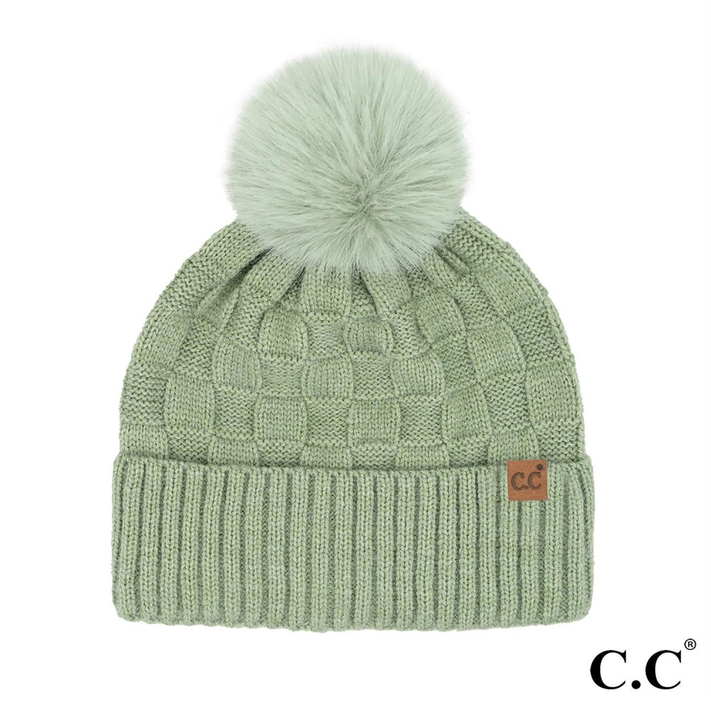 C.C HTC-0094 Weaving Texture Pom Beanie - One Size Fits Most - Beanie: 40% Acrylic / 34% Polyester / 22% Nylon / 1% Spandex - Pom: 100% Faux Fur view 2