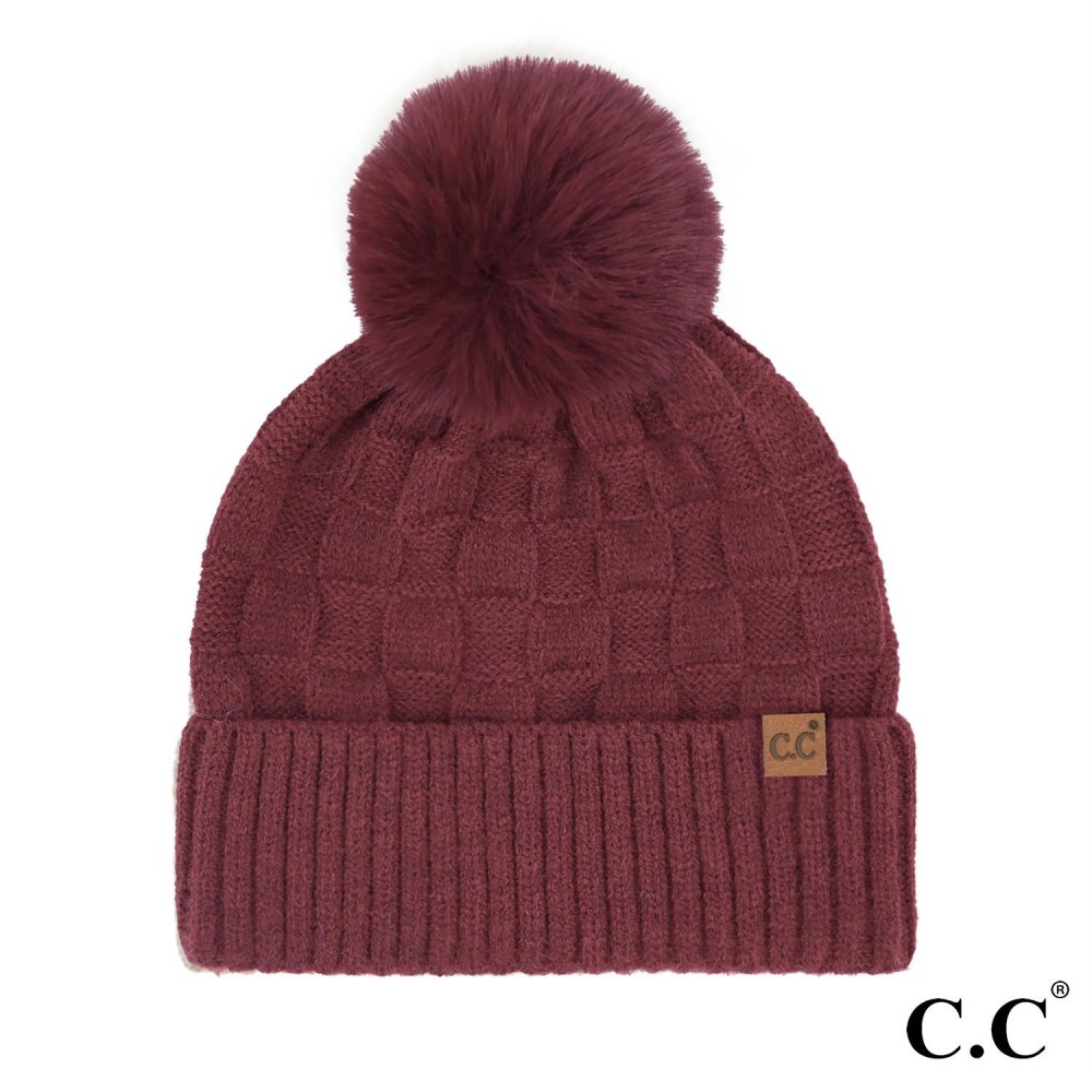 C.C HTC-0094 Weaving Texture Pom Beanie - One Size Fits Most - Beanie: 40% Acrylic / 34% Polyester / 22% Nylon / 1% Spandex - Pom: 100% Faux Fur view 2