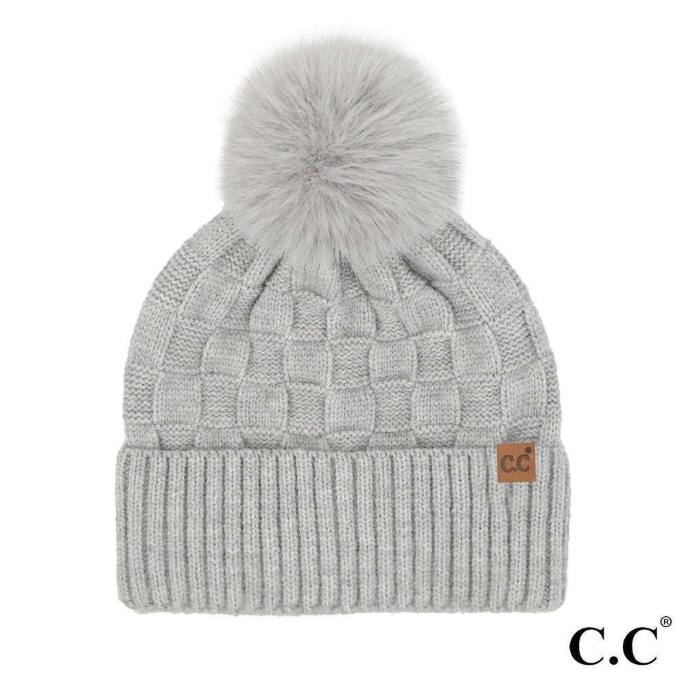 C.C HTC-0094 Weaving Texture Pom Beanie - One Size Fits Most - Beanie: 40% Acrylic / 34% Polyester / 22% Nylon / 1% Spandex - Pom: 100% Faux Fur view 2