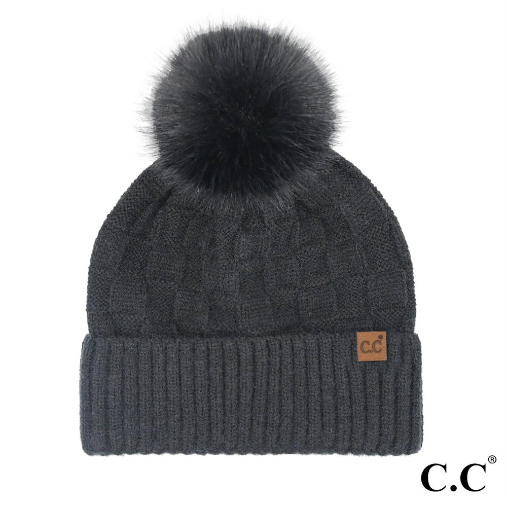 C.C HTC-0094 Weaving Texture Pom Beanie - One Size Fits Most - Beanie: 40% Acrylic / 34% Polyester / 22% Nylon / 1% Spandex - Pom: 100% Faux Fur view 2