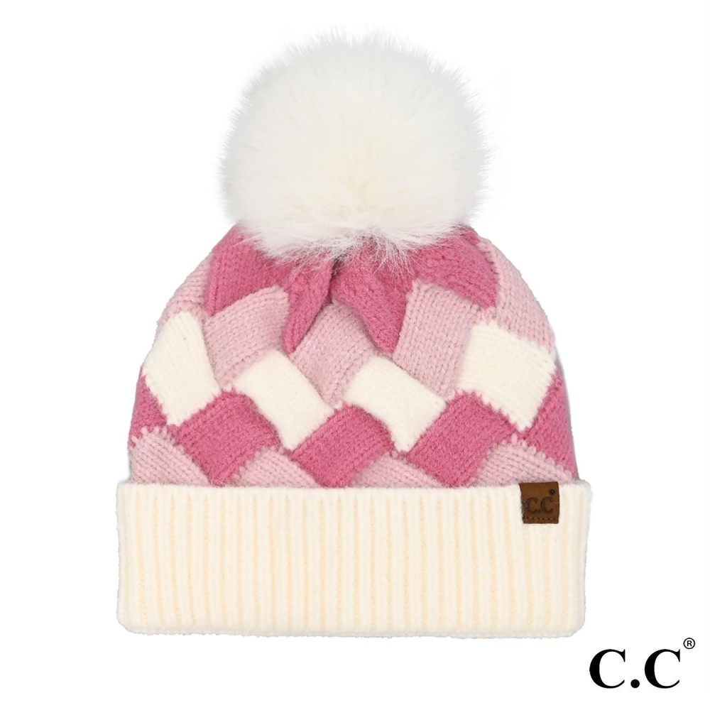 C.C HTC0100 Chunky Weaved Pattern Pom Beanie - One Size Fits Most - Beanie: 46% Acrylic / 28% Polyester / 26% Nylon - Pom: 100% Faux Fur view 2