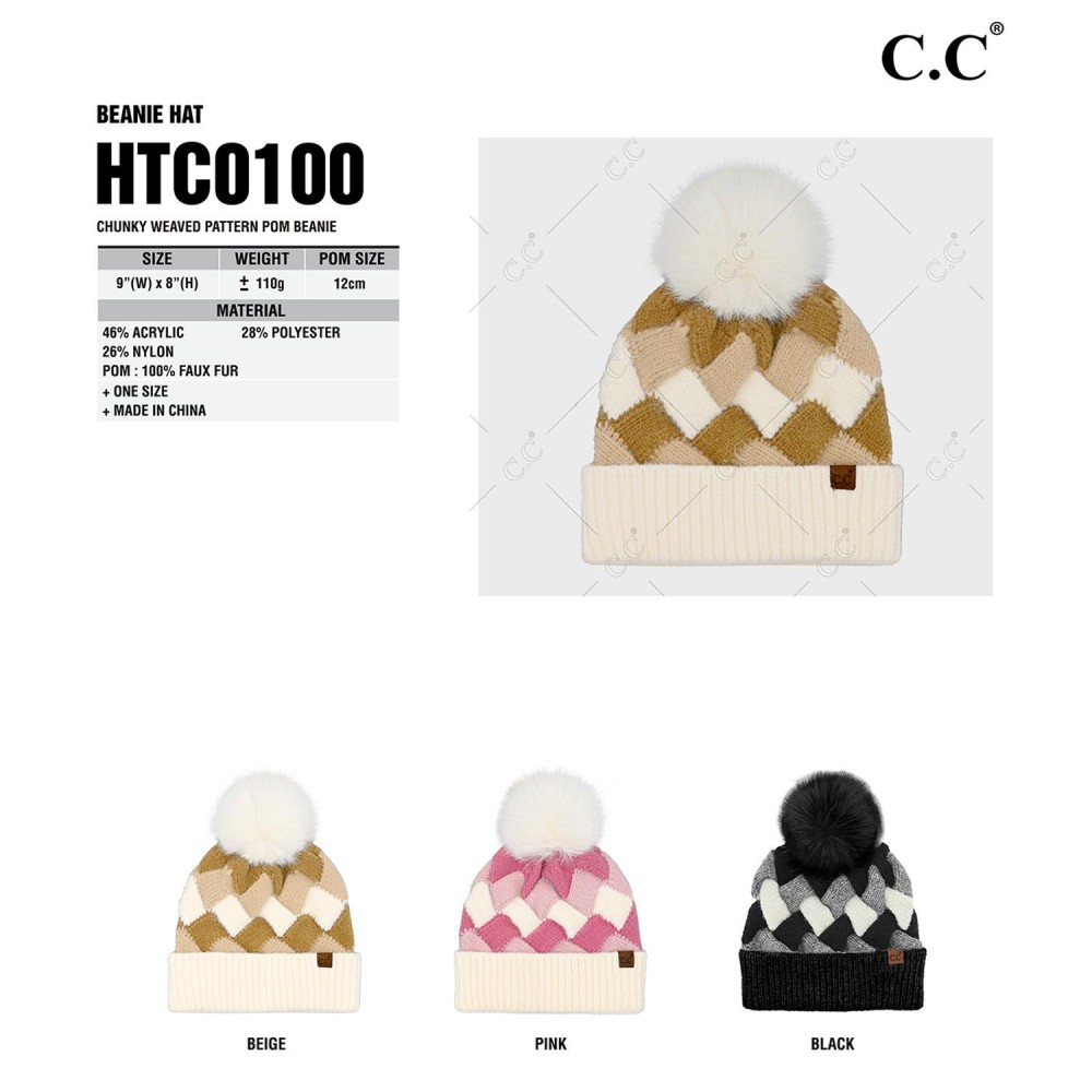 C.C HTC0100 Chunky Weaved Pattern Pom Beanie - One Size Fits Most - Beanie: 46% Acrylic / 28% Polyester / 26% Nylon - Pom: 100% Faux Fur view 4