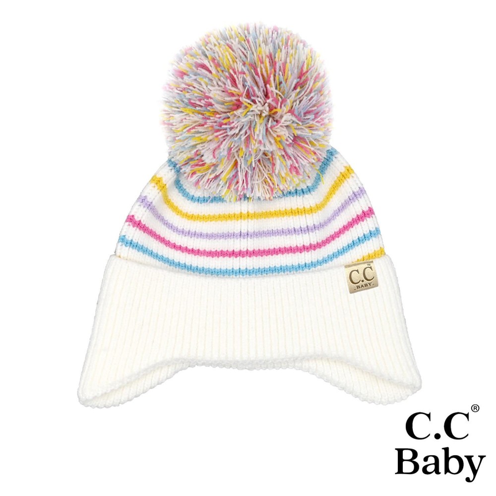 C.C BB-HTC0097 Baby Stripe Earflap Yarn Pom Beanie - One Size Fits Most (Newborn-12 Months) - 50% Viscose / 30% Polyester / 20% Nylon view 2