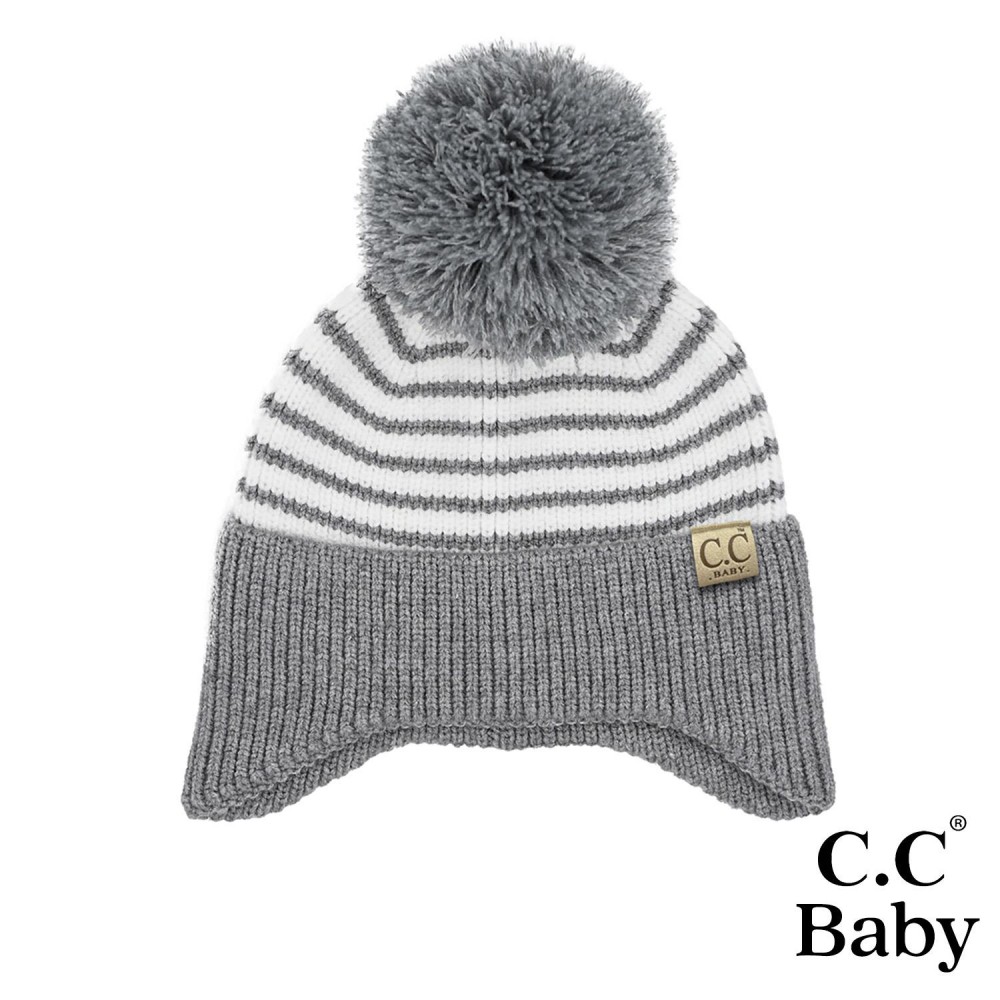 C.C BB-HTC0097 Baby Stripe Earflap Yarn Pom Beanie - One Size Fits Most (Newborn-12 Months) - 50% Viscose / 30% Polyester / 20% Nylon view 2