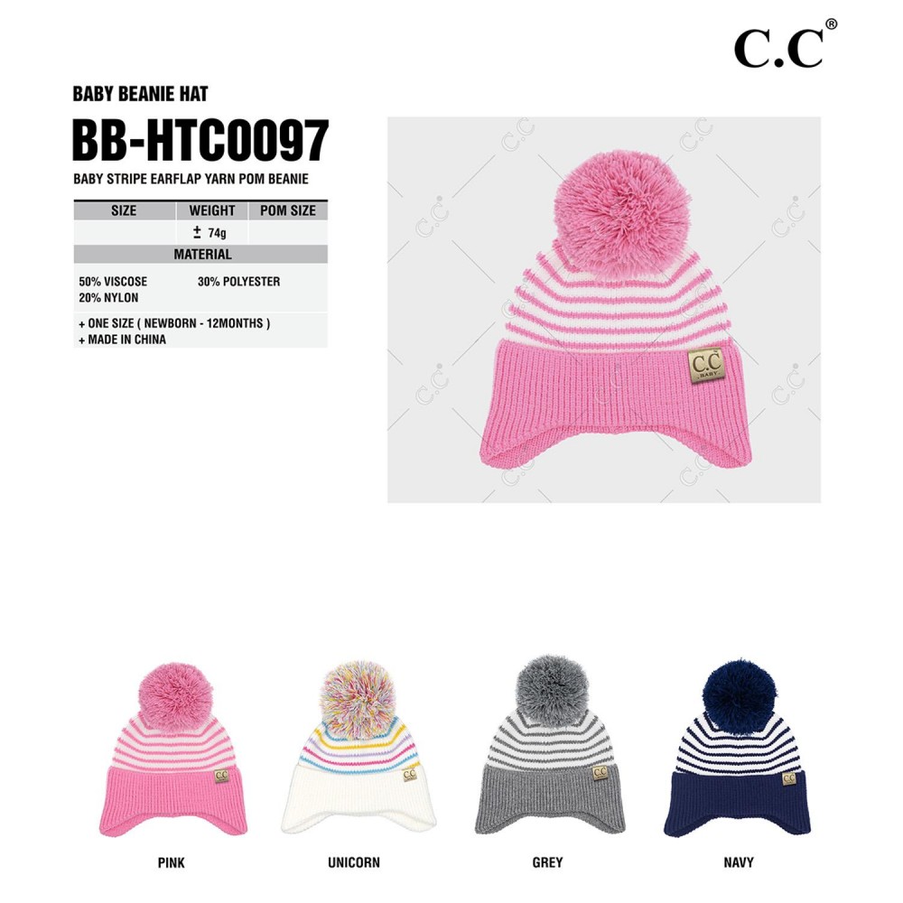 C.C BB-HTC0097 Baby Stripe Earflap Yarn Pom Beanie - One Size Fits Most (Newborn-12 Months) - 50% Viscose / 30% Polyester / 20% Nylon view 4