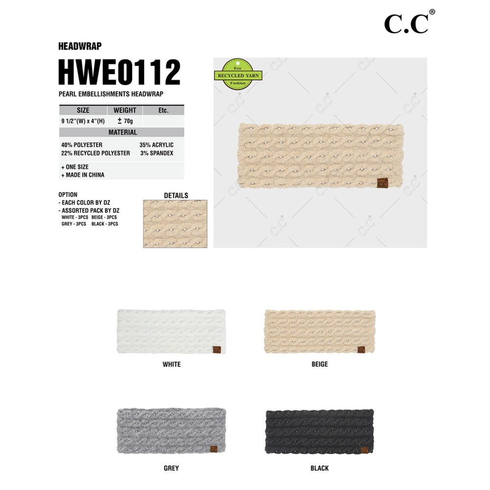 C.C HWE-0112 Pearl Embellished Headwrap - One Size Fits Most - 40% Polyester - 22% Recycled Polyester - 35% Acrylic - 3% Spandax view 4