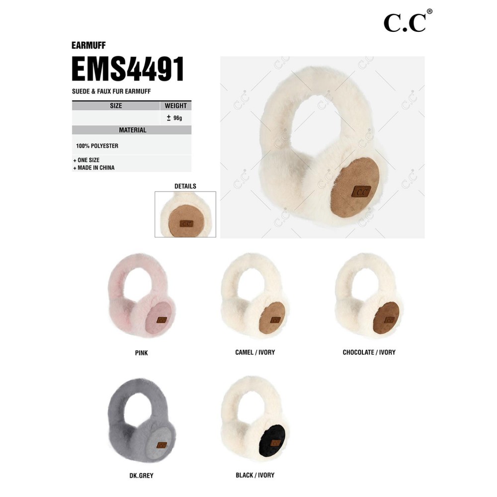C.C EMS4491 Suede & Faux Fur Earmuffs - One Size Fits Most - Adjustable Band - 100% Polyester view 4