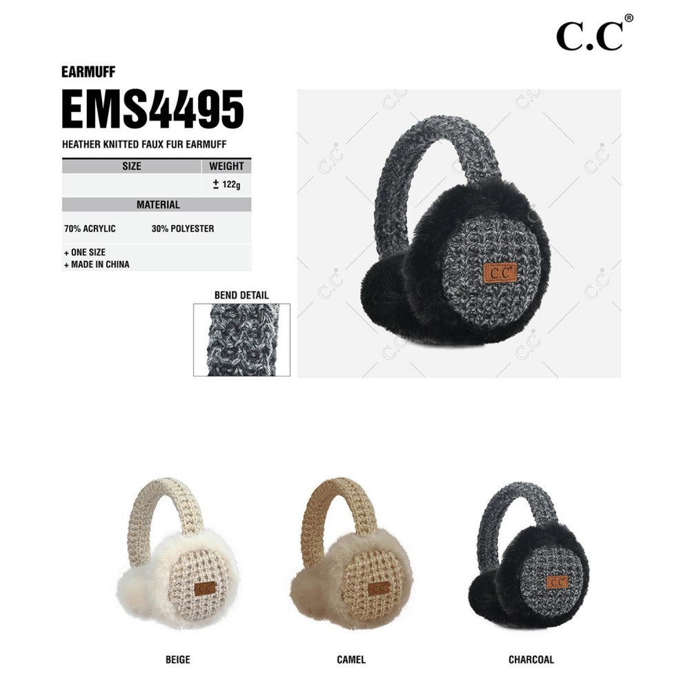 C.C EMS4495 Heather Knitted Faux Fur Earmuff - One Size Fits Most - Adjustable Band - 70% Acrylic 30% Polyester view 4