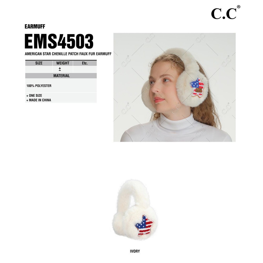 C.C EMS4503 American Star Chenille Patch Faux Fur Earmuffs - One Size Fits Most - Adjustable Band - 100% Polyester view 4