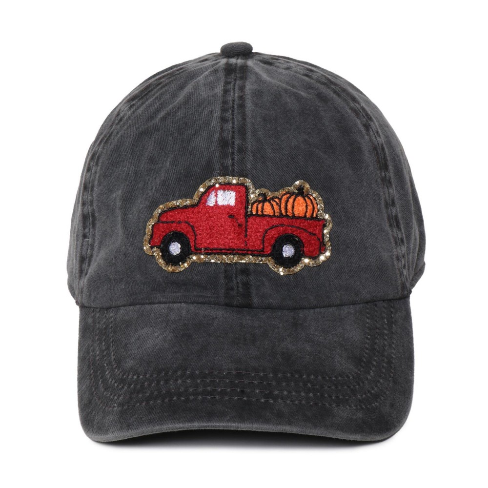 Pumpkin Truck Glitter Chenille Patch Baseball Cap - One Size Fits Most - Slide Buckle Adjustment - 100% Cotton view 2