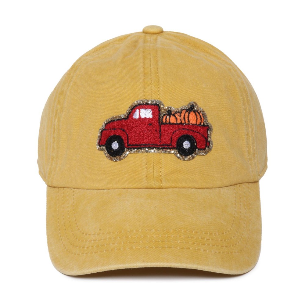 Pumpkin Truck Glitter Chenille Patch Baseball Cap - One Size Fits Most - Slide Buckle Adjustment - 100% Cotton view 2