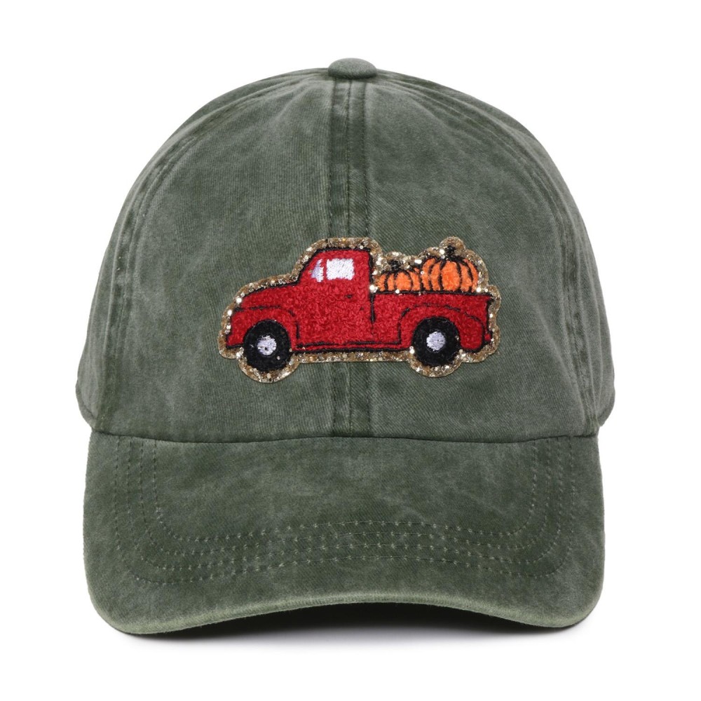 Pumpkin Truck Glitter Chenille Patch Baseball Cap - One Size Fits Most - Slide Buckle Adjustment - 100% Cotton view 2