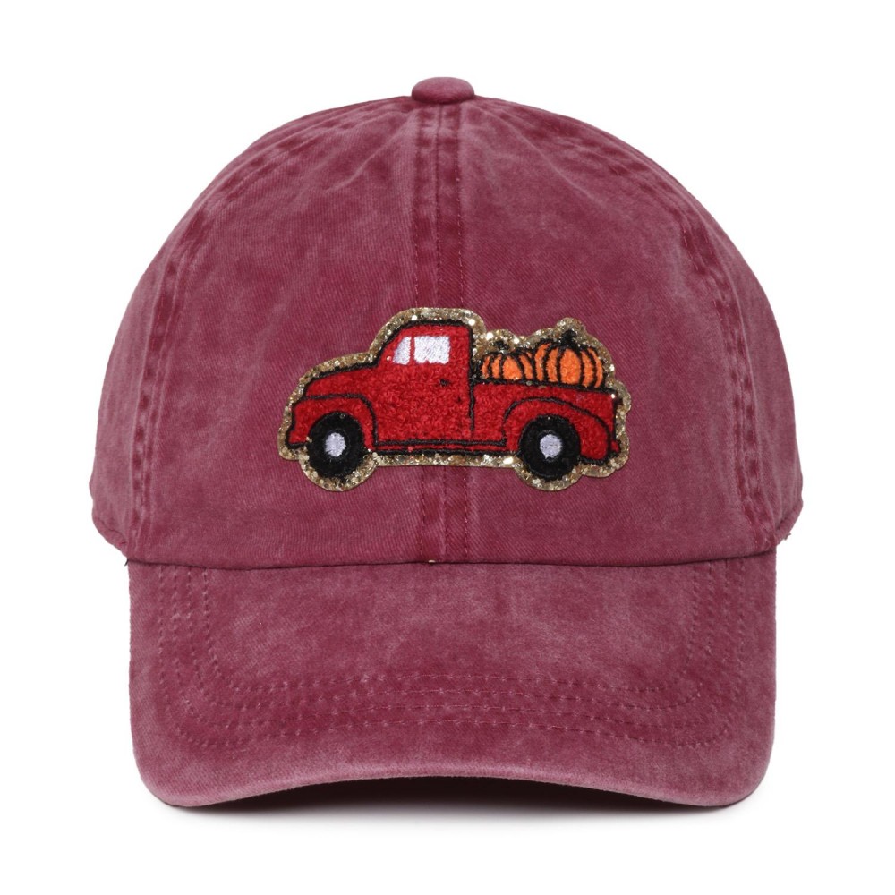Pumpkin Truck Glitter Chenille Patch Baseball Cap - One Size Fits Most - Slide Buckle Adjustment - 100% Cotton view 2