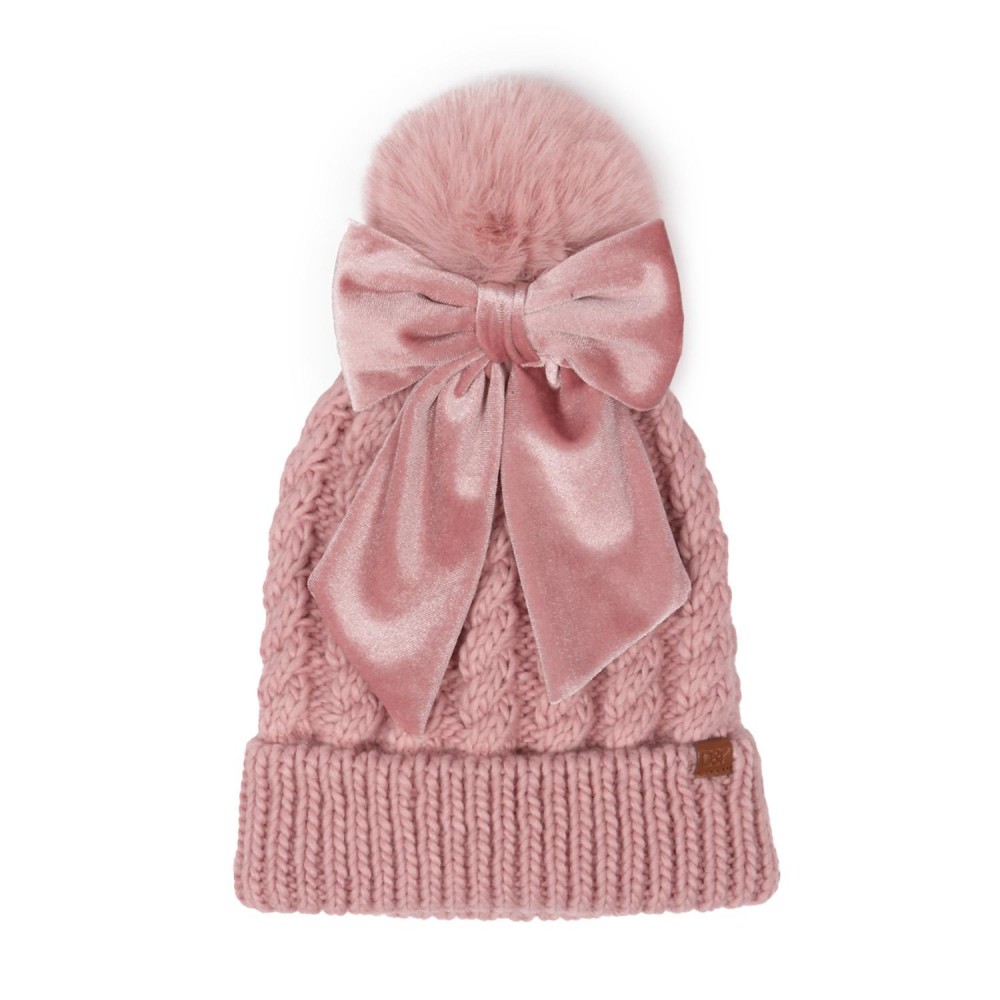 Cable Knit Pom Cuffed Beanie With Removable Bow Scrunchy - One Size Fits Most - Fuzzy Lining 100% Polyester - Body 100% Acrylic - Pom 100% Faux Fur view 2