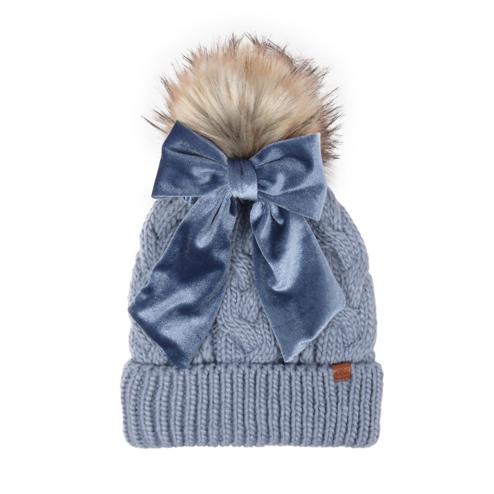 Cable Knit Pom Cuffed Beanie With Removable Bow Scrunchy - One Size Fits Most - Fuzzy Lining 100% Polyester - Body 100% Acrylic - Pom 100% Faux Fur view 2