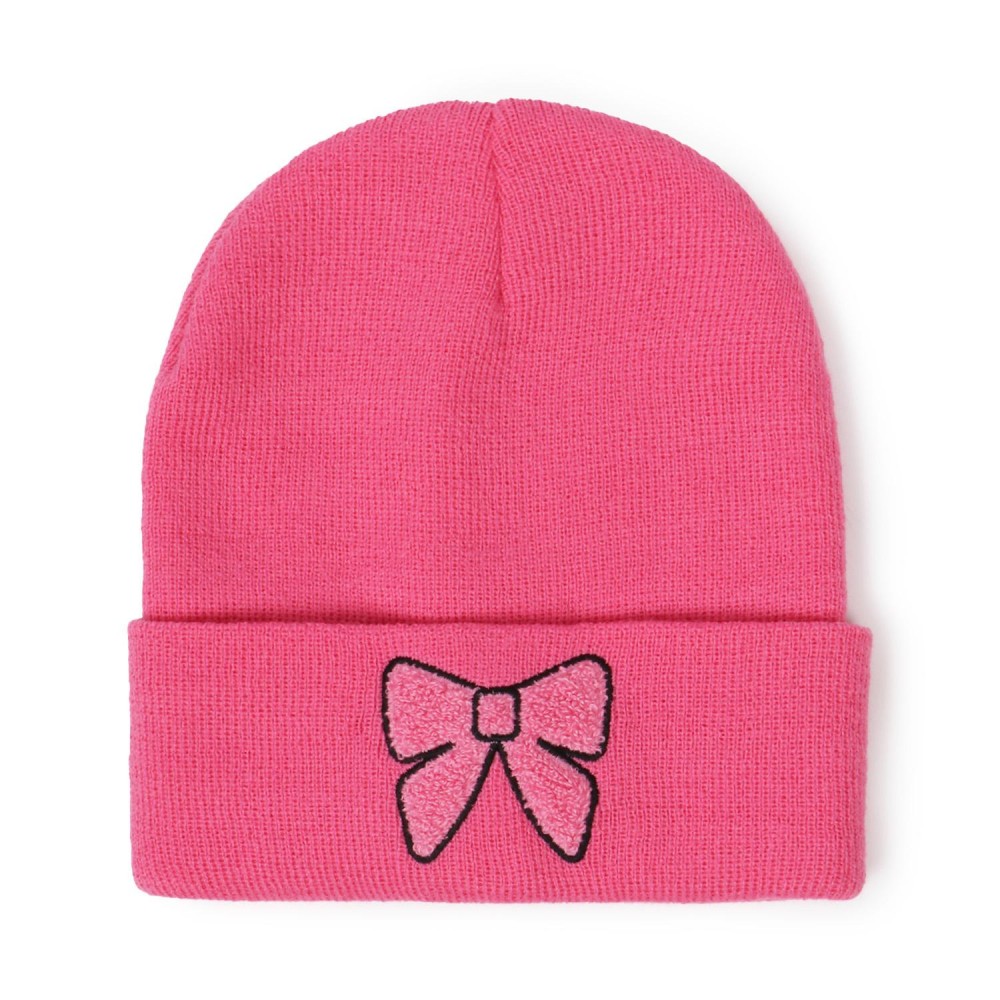 Bow Chenille Patch Knit Cuffed Beanie - One Size Fits Most - 100% Acrylic view 2