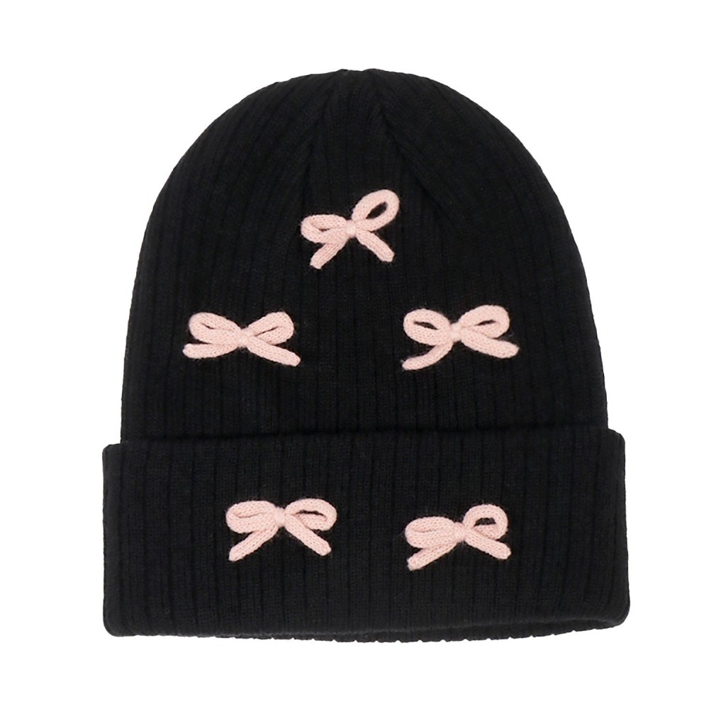 Knit Cuff Beanie With Knit Bow Accents - One Size Fits Most - 100% Acrylic view 2