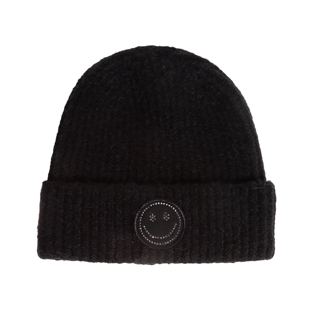 Rhinestone Studded Happy Face Chenille Patch Knit Cuffed Beanie - One Size Fits Most - 60% Acrylic / 35% Nylon / 5% Elastic view 2