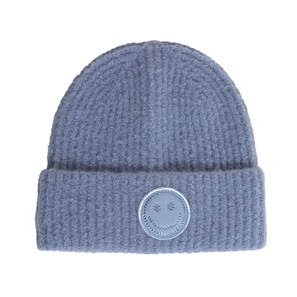 Rhinestone Studded Happy Face Chenille Patch Knit Cuffed Beanie - One Size Fits Most - 60% Acrylic / 35% Nylon / 5% Elastic view 2