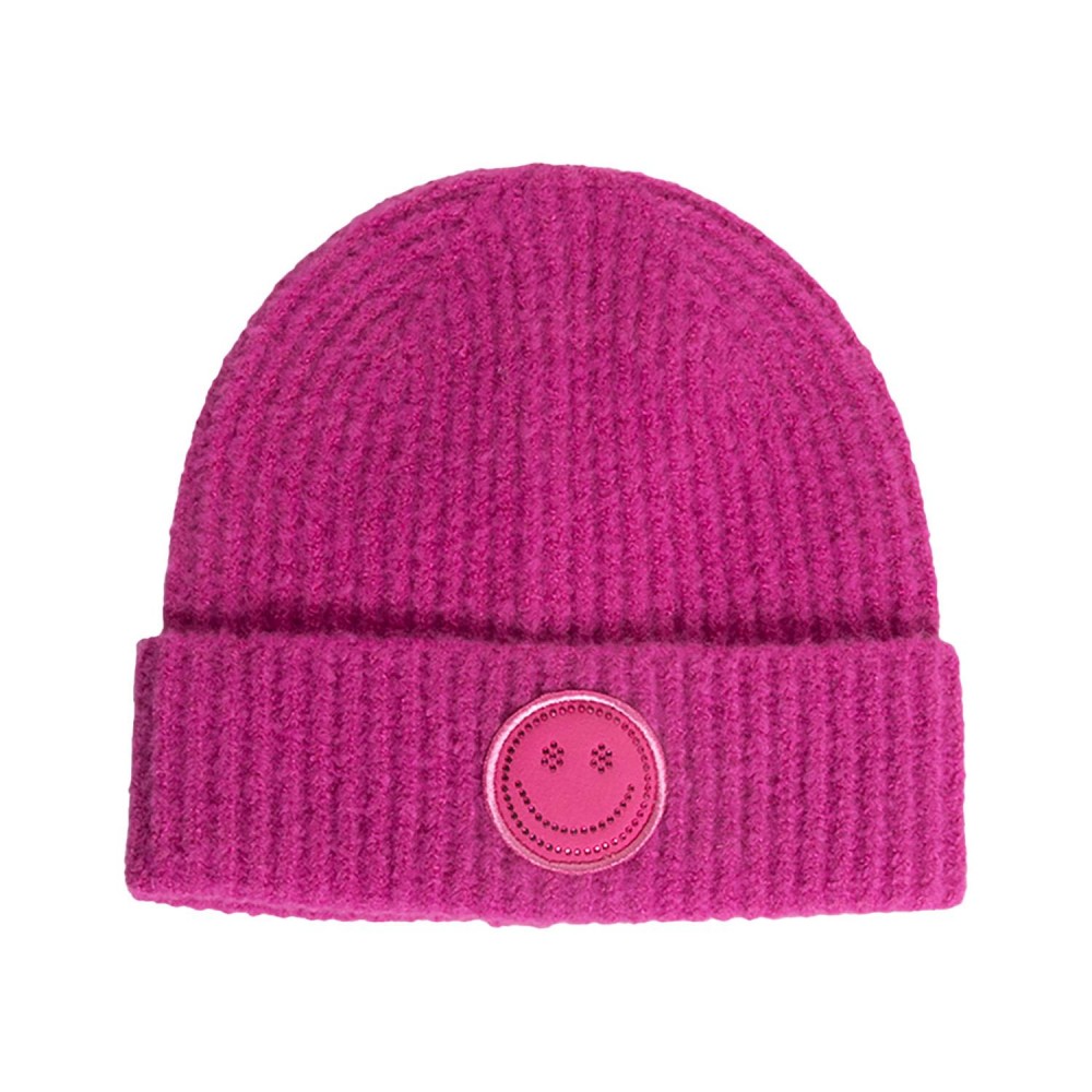 Rhinestone Studded Happy Face Chenille Patch Knit Cuffed Beanie - One Size Fits Most - 60% Acrylic / 35% Nylon / 5% Elastic view 2