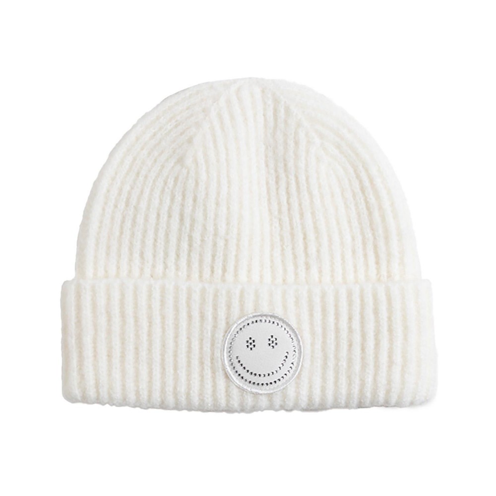 Rhinestone Studded Happy Face Chenille Patch Knit Cuffed Beanie - One Size Fits Most - 60% Acrylic / 35% Nylon / 5% Elastic view 2