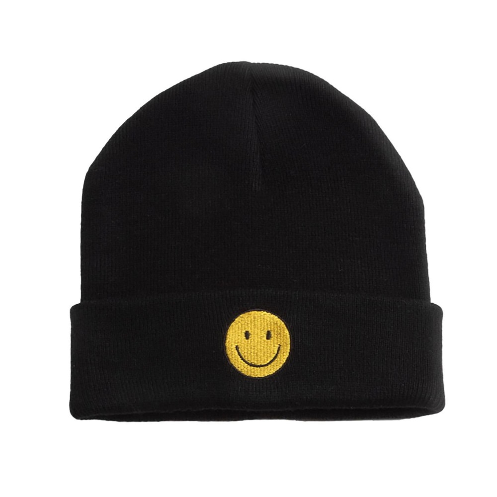 Happy Face Chenille Patch Knit Cuffed Beanie - One Size Fits Most - 100% Acrylic view 2