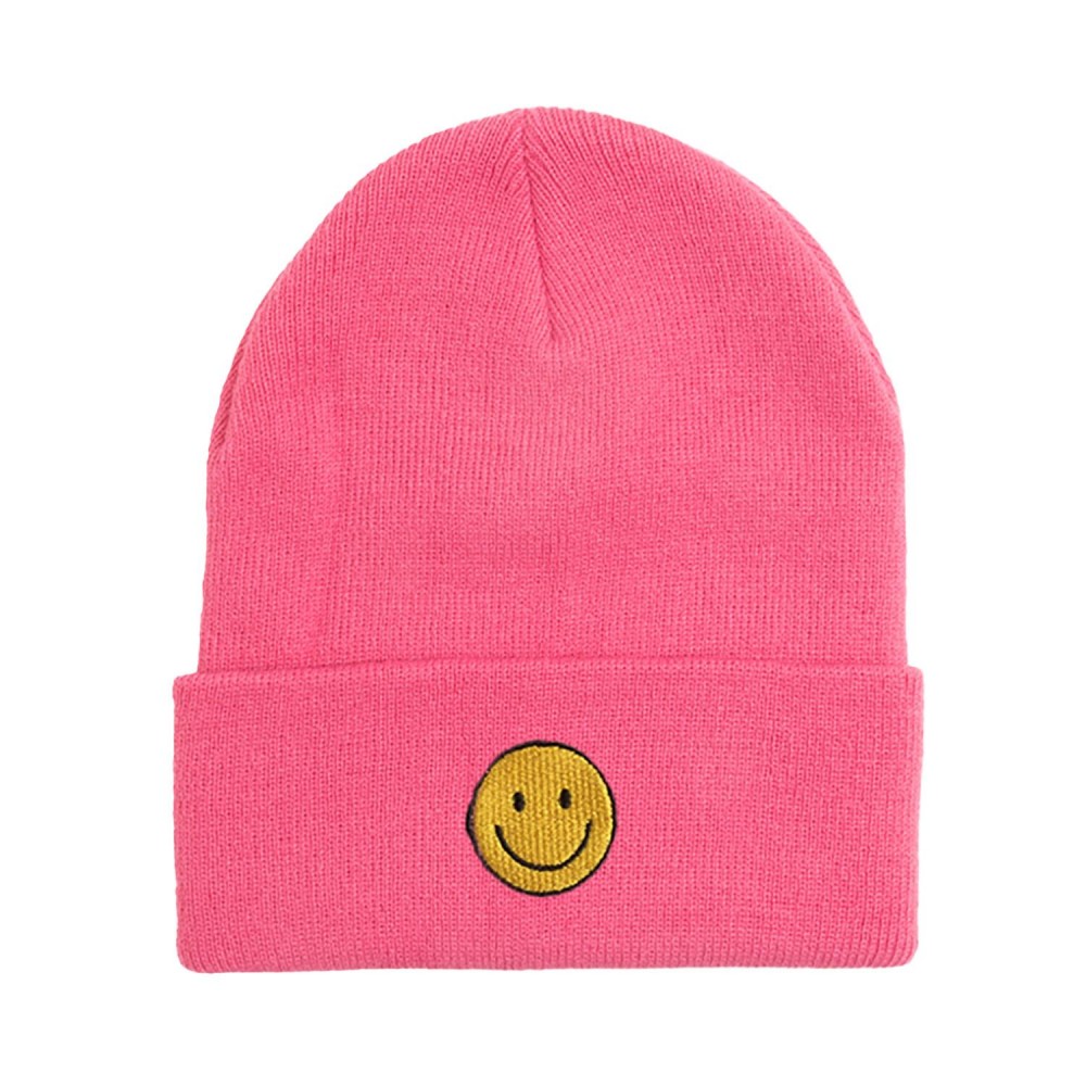 Happy Face Chenille Patch Knit Cuffed Beanie - One Size Fits Most - 100% Acrylic view 2