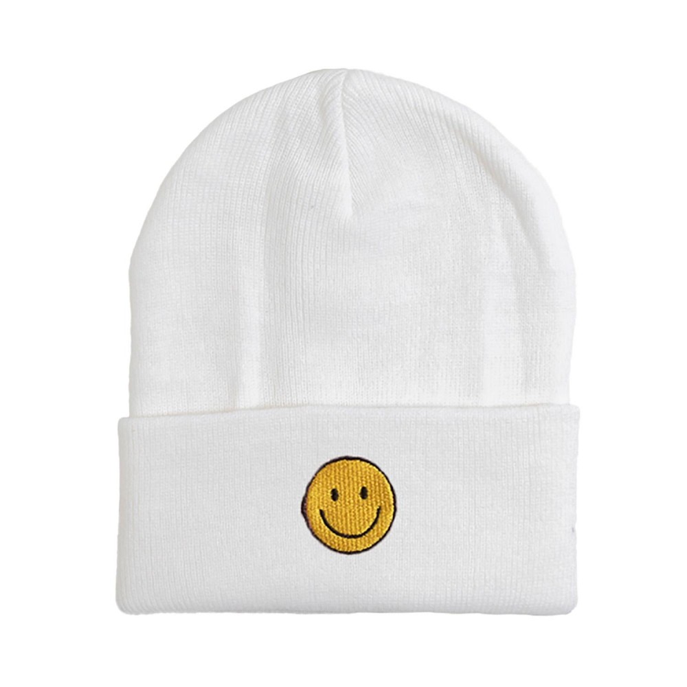 Happy Face Chenille Patch Knit Cuffed Beanie - One Size Fits Most - 100% Acrylic view 2