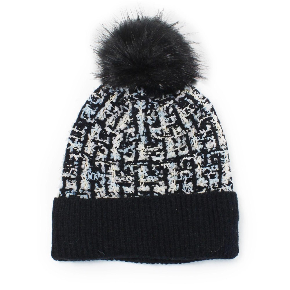 Plaid Lurex Knit & Tinsel Beanie With Faux Fur Pom - One Size Fits Most - 100% Polyester view 4